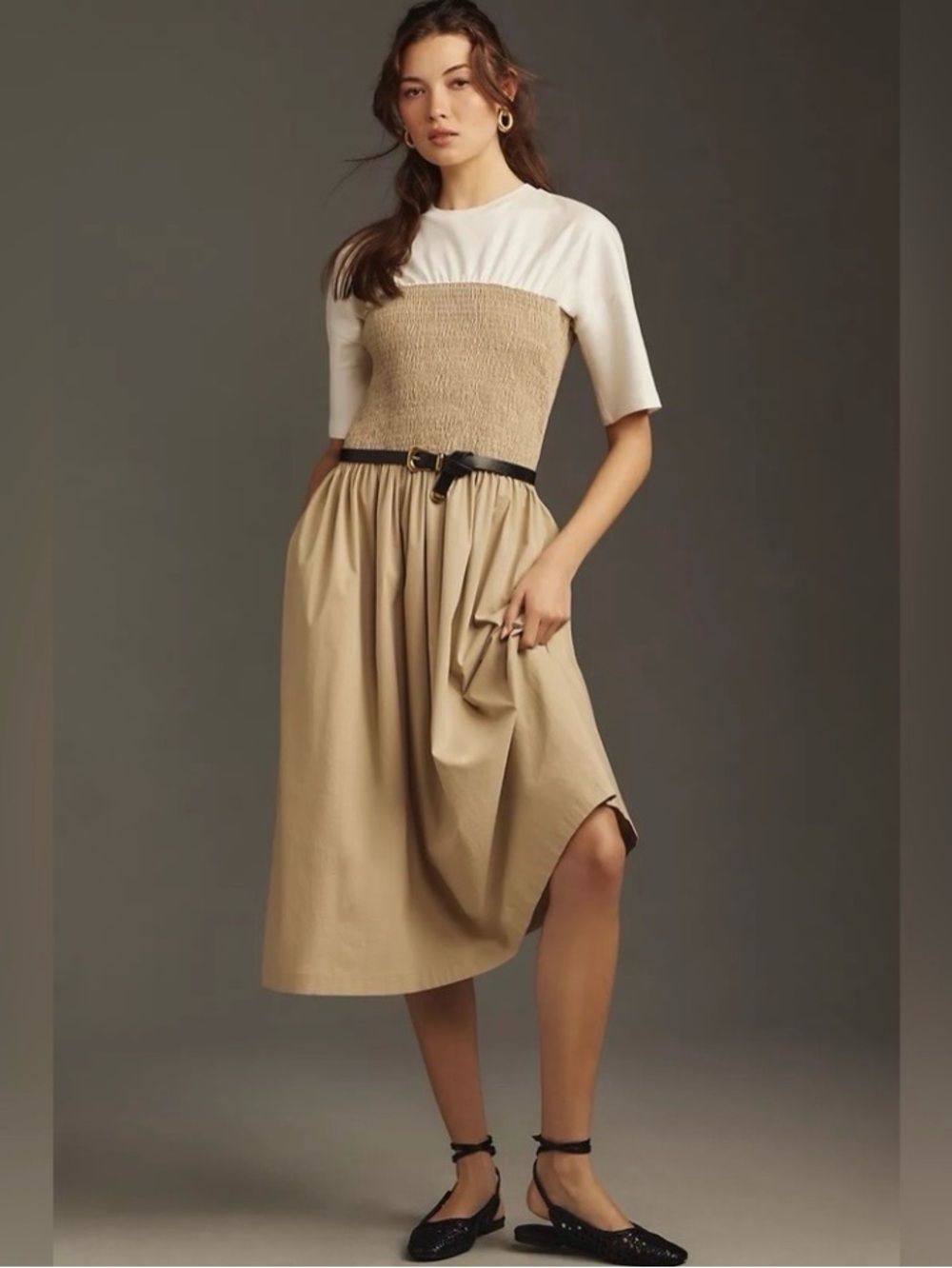 Anthropologie Beige and White Smocked-Bodice Midi Dress NWT
